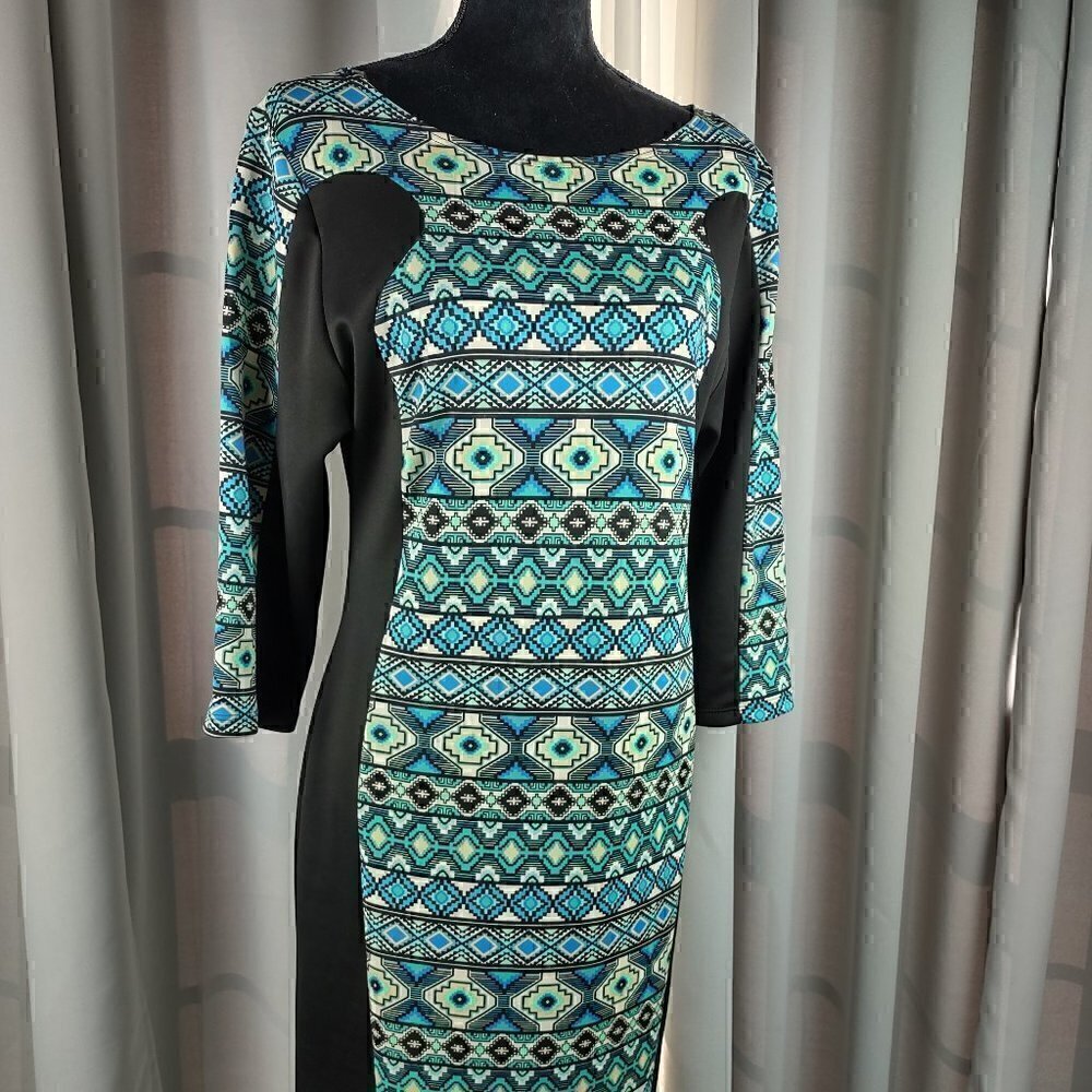 Touch Me Women's Blue, Green, Black Pattern Midi Dress Size 2XL
